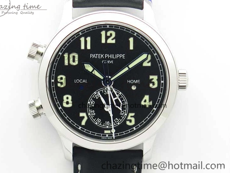 MIROTIME 0402 Stylish Calatrava 5524 Pilot Travel Time SS GRF Black Dial on Black Leather Strap A324 V 7108